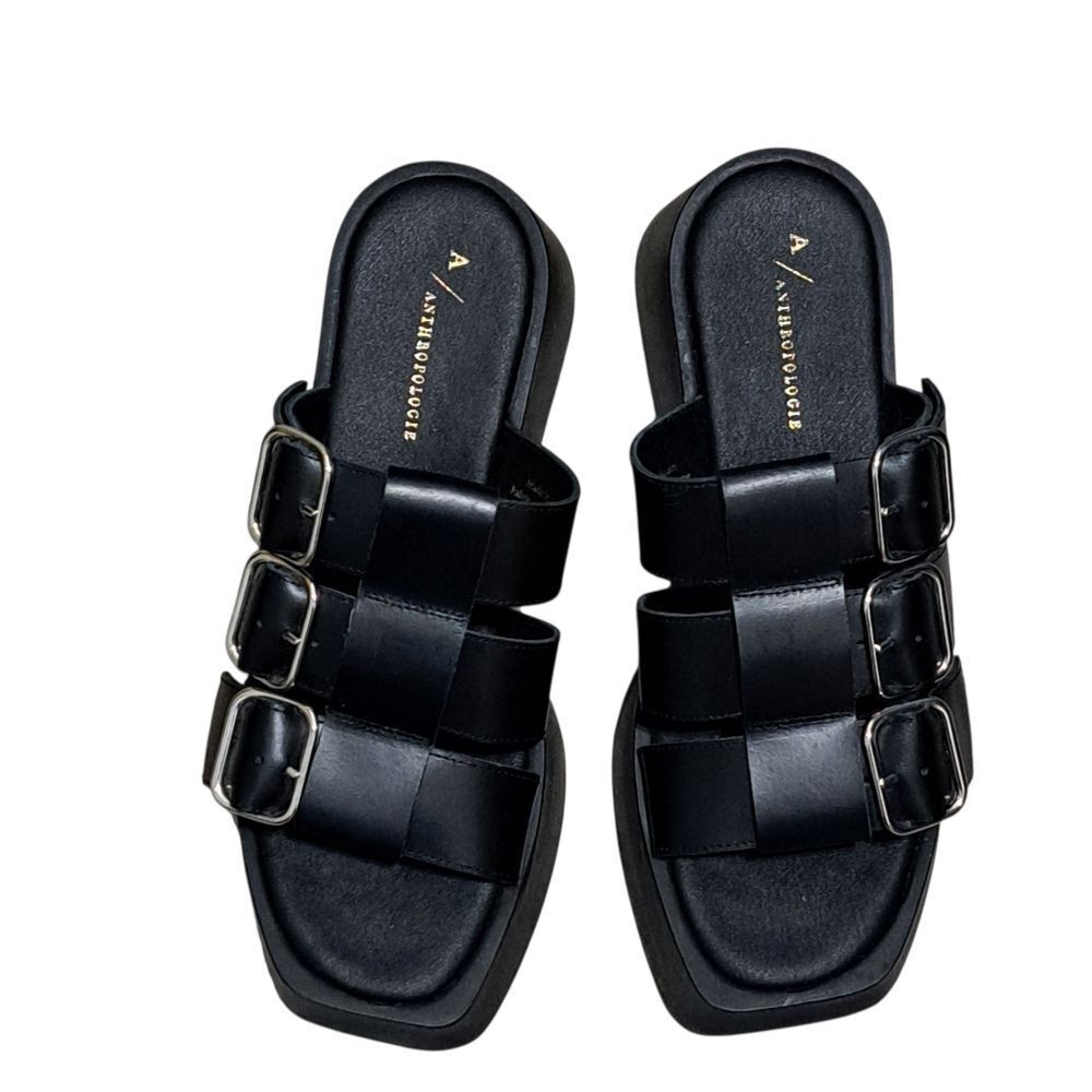 Anthropologie Triple Buckle Straps Chunky Platform Sandals Goth Boho Sz 38 Black - Picture 9 of 16